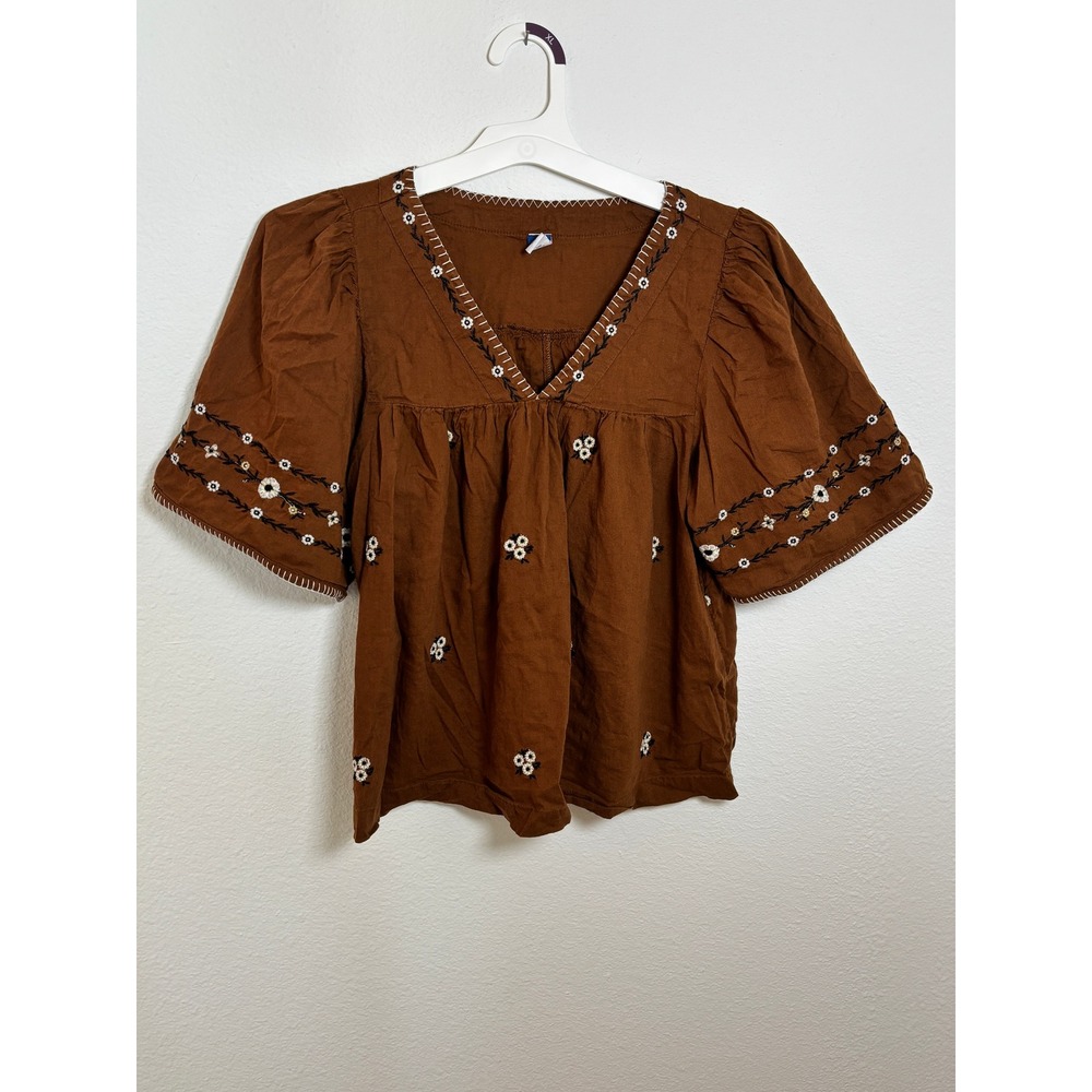 Old Navy Brown Floral Embroidered V-Neck Puff Sleeve Blouse Small Boho Top